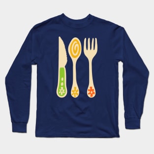 CUTLERY Retro Vintage Kitchen Utensils Knife Spoon Fork in Yellow Orange and Green - UnBlink Studio by Jackie Tahara Long Sleeve T-Shirt